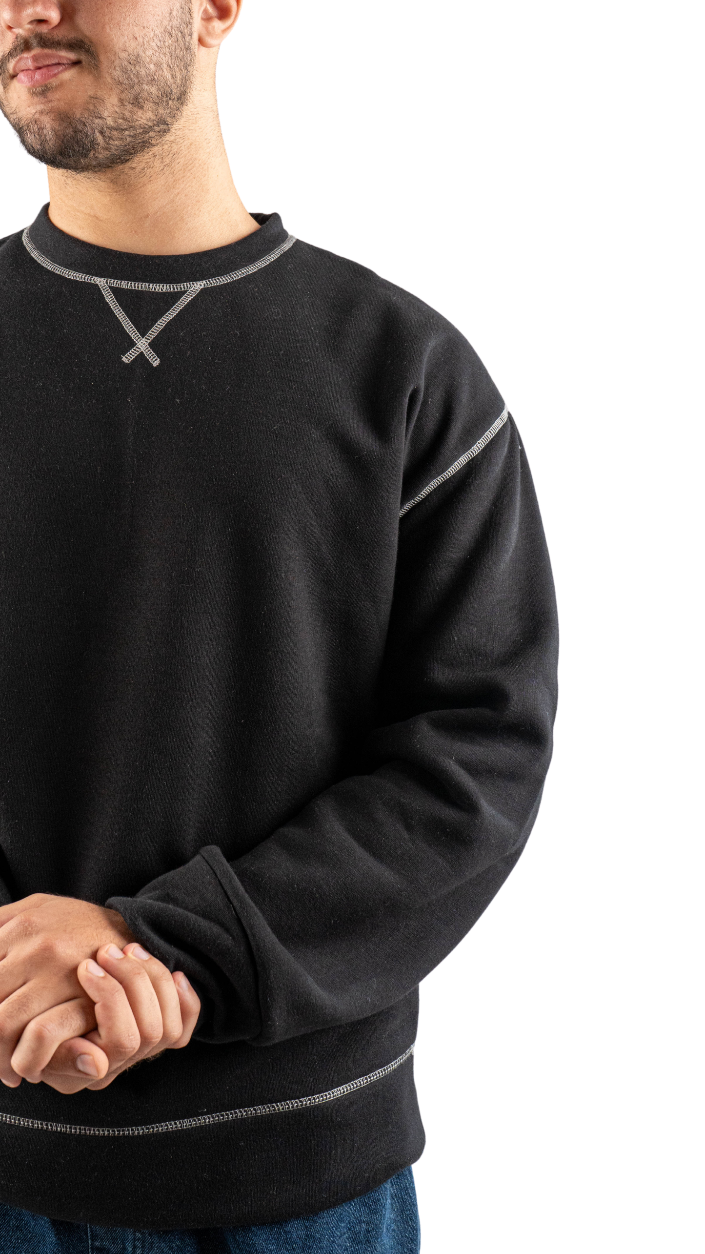 Black in white sweatshirt