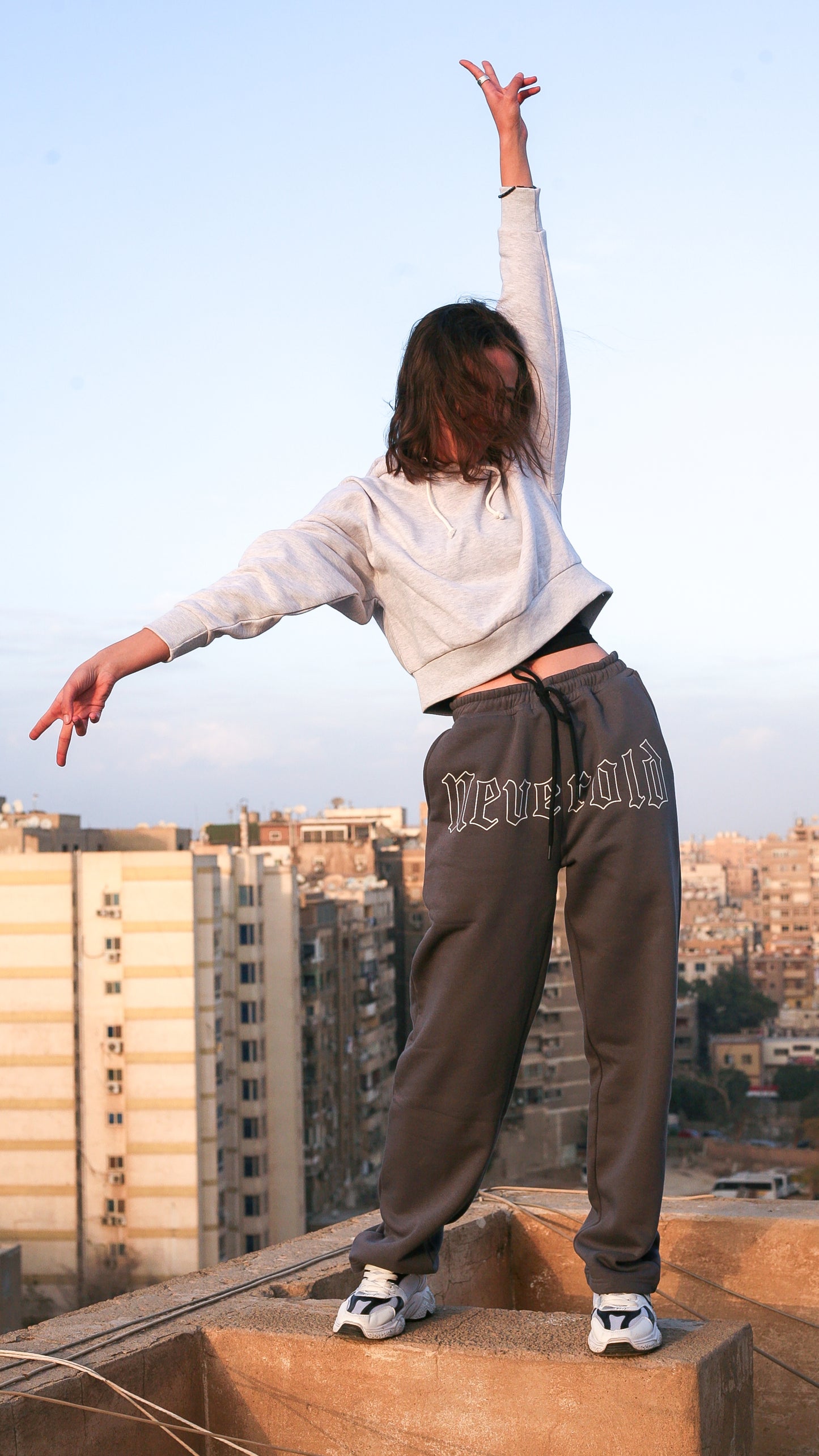 Gray wide leg basic Pants with Never old print in front