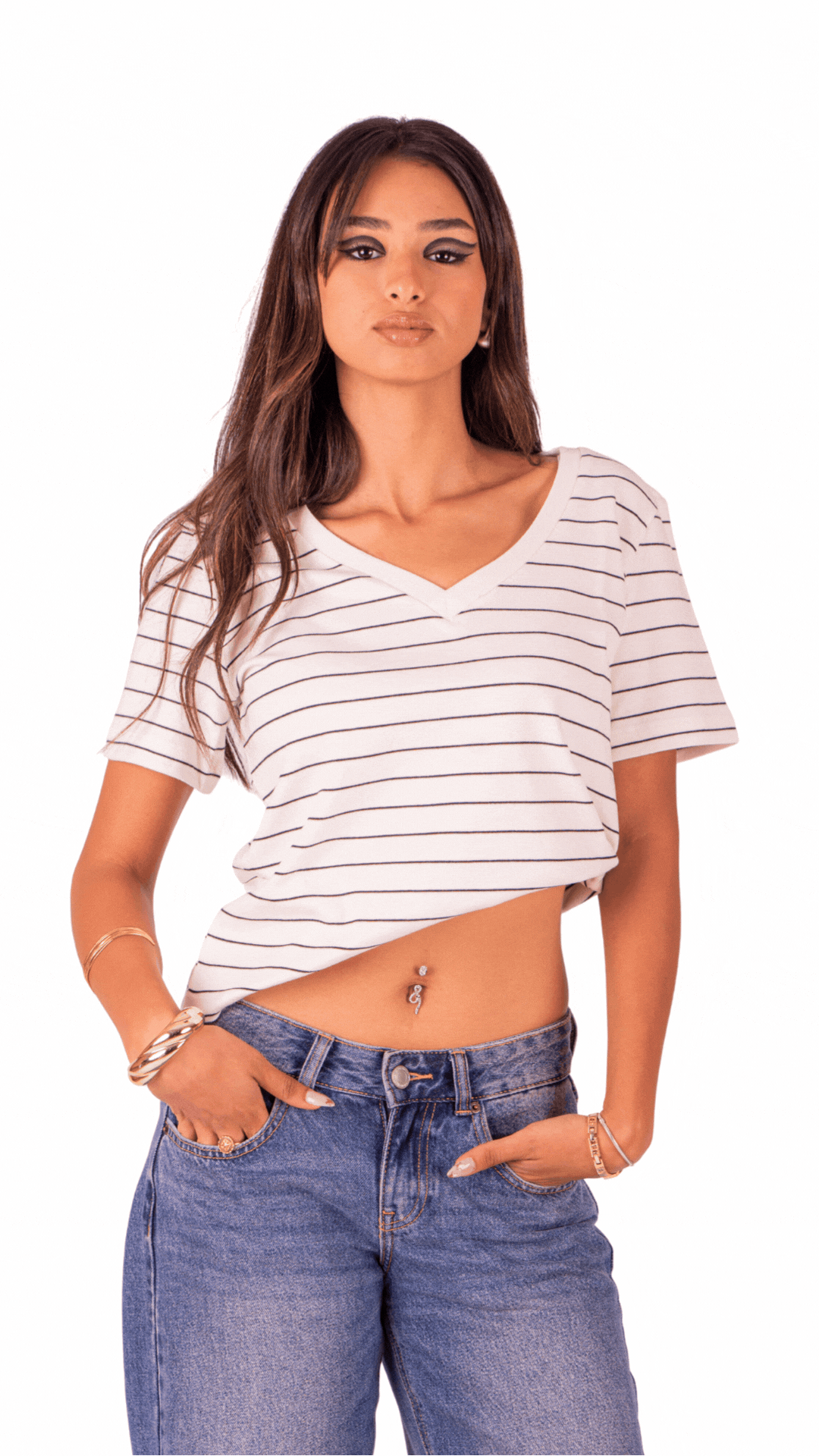 Basic heavy weight striped regular fit T-shirt v-cut