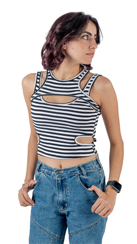 2 piece tank top set - lined black & white