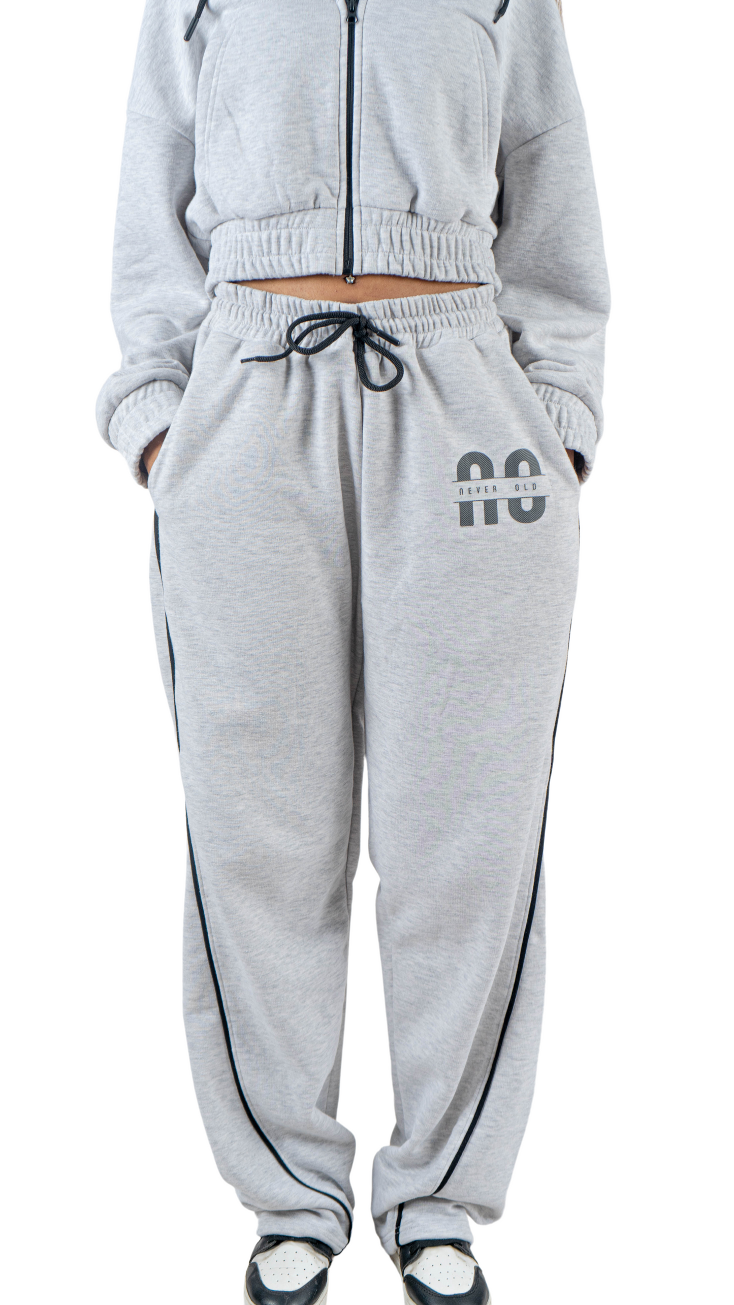 Gray wide leg basic Pants with black line and carbon fiber print
