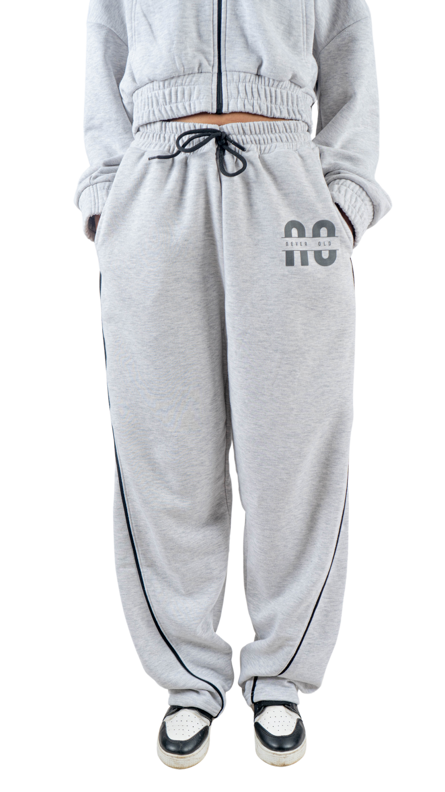 Gray wide leg basic Pants with black line and carbon fiber print