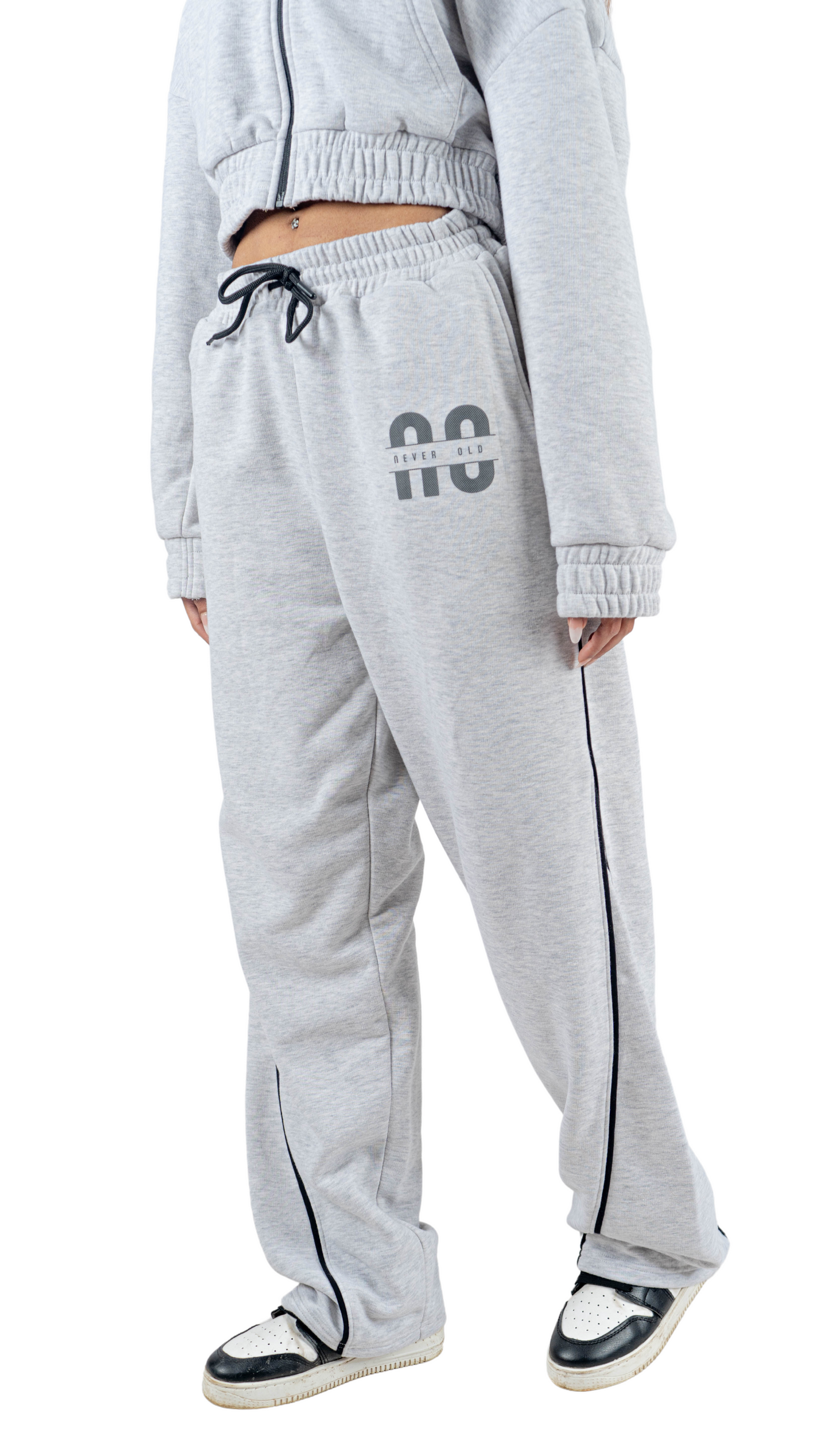 Gray wide leg basic Pants with black line and carbon fiber print