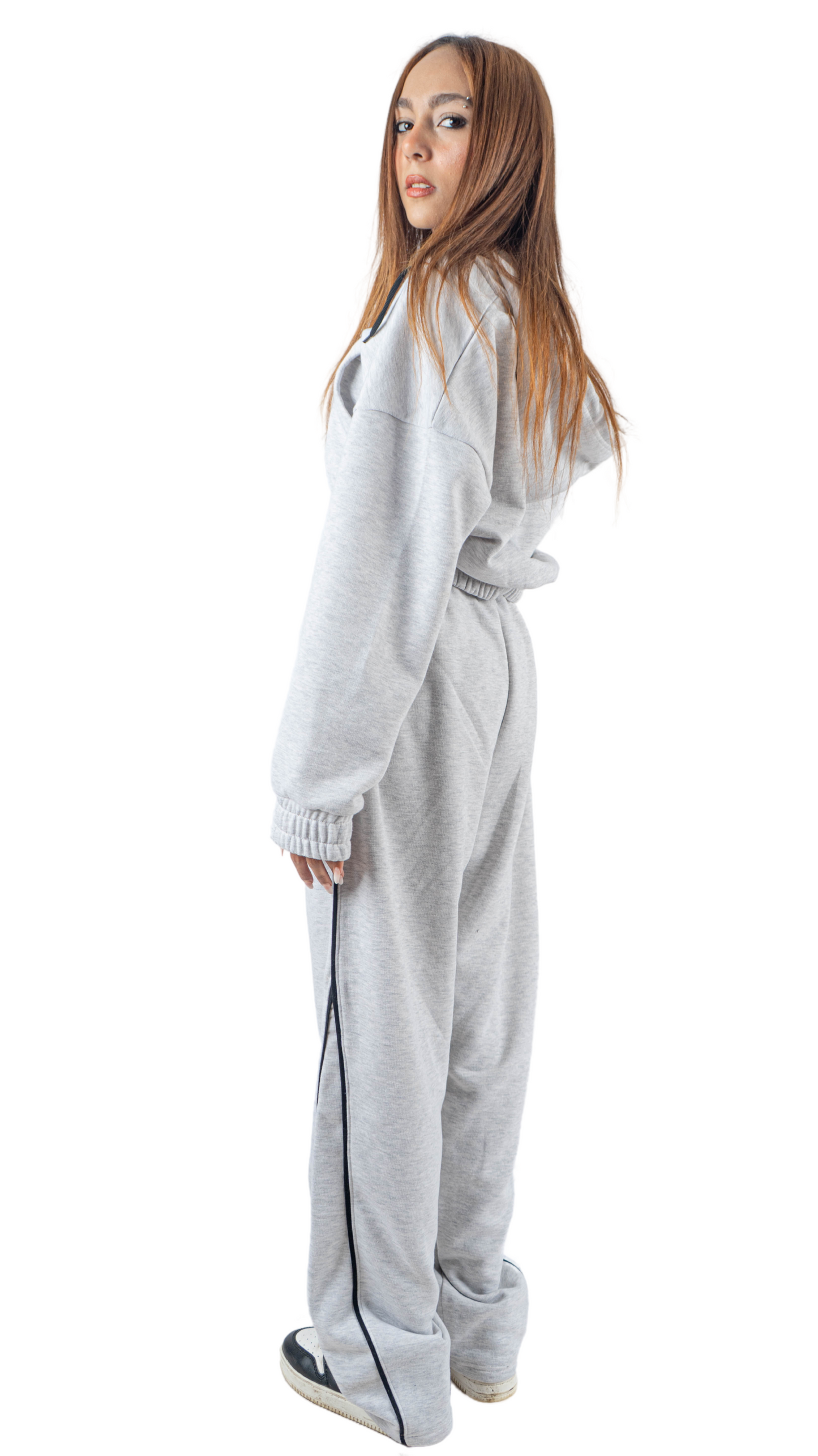 Gray wide leg basic Pants with black line and carbon fiber print