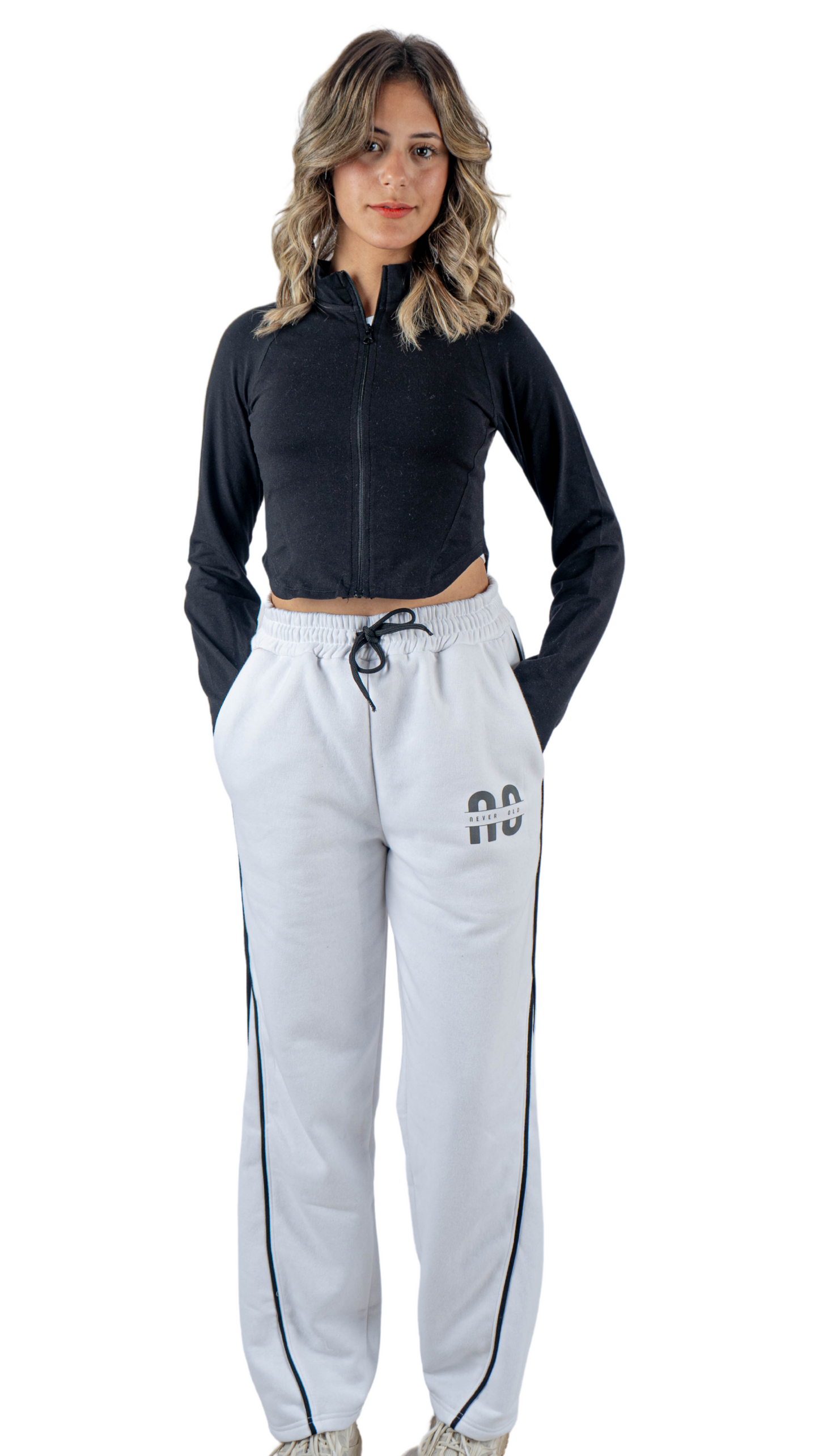 White wide leg basic Pants with black line and carbon fiber print