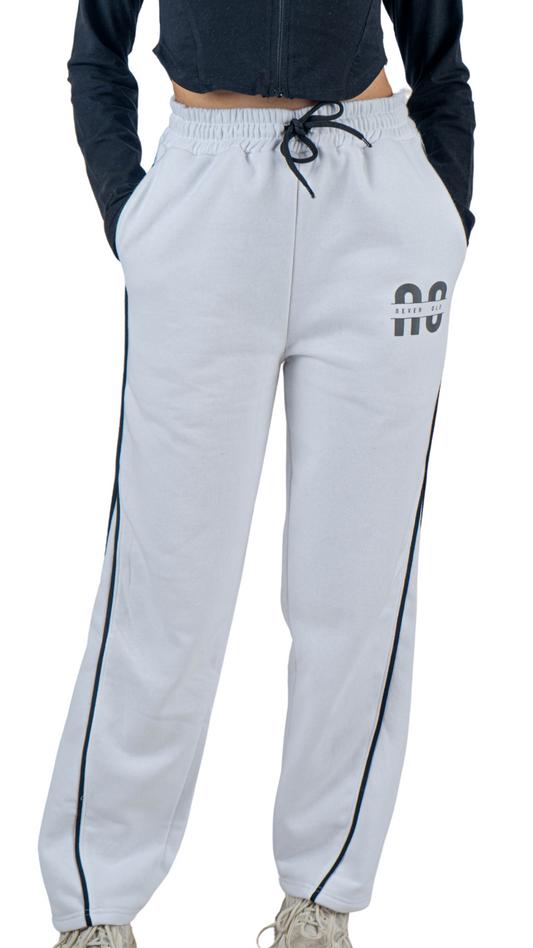 White wide leg basic Pants with black line and carbon fiber print