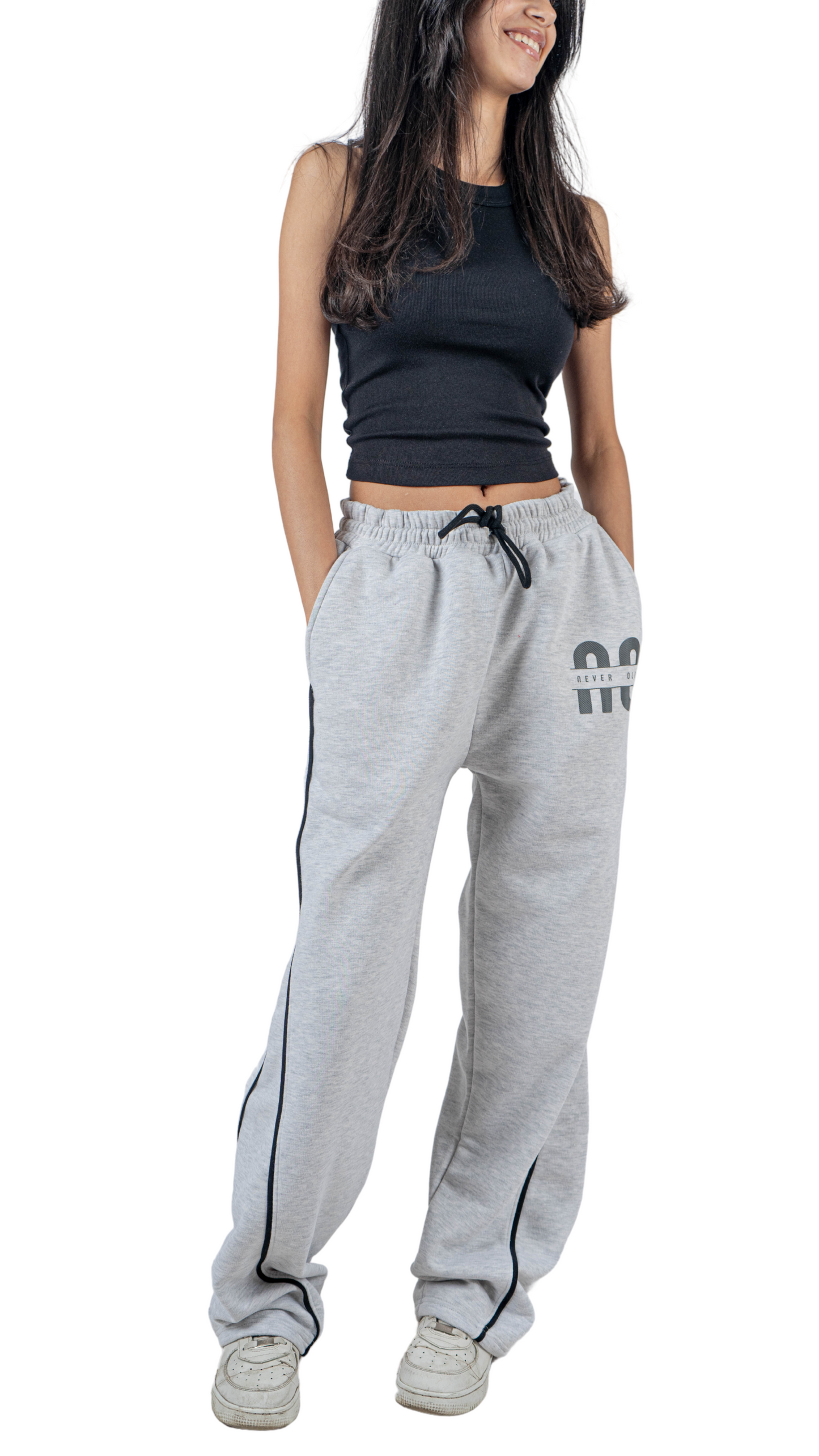 Gray wide leg basic Pants with black line and carbon fiber print