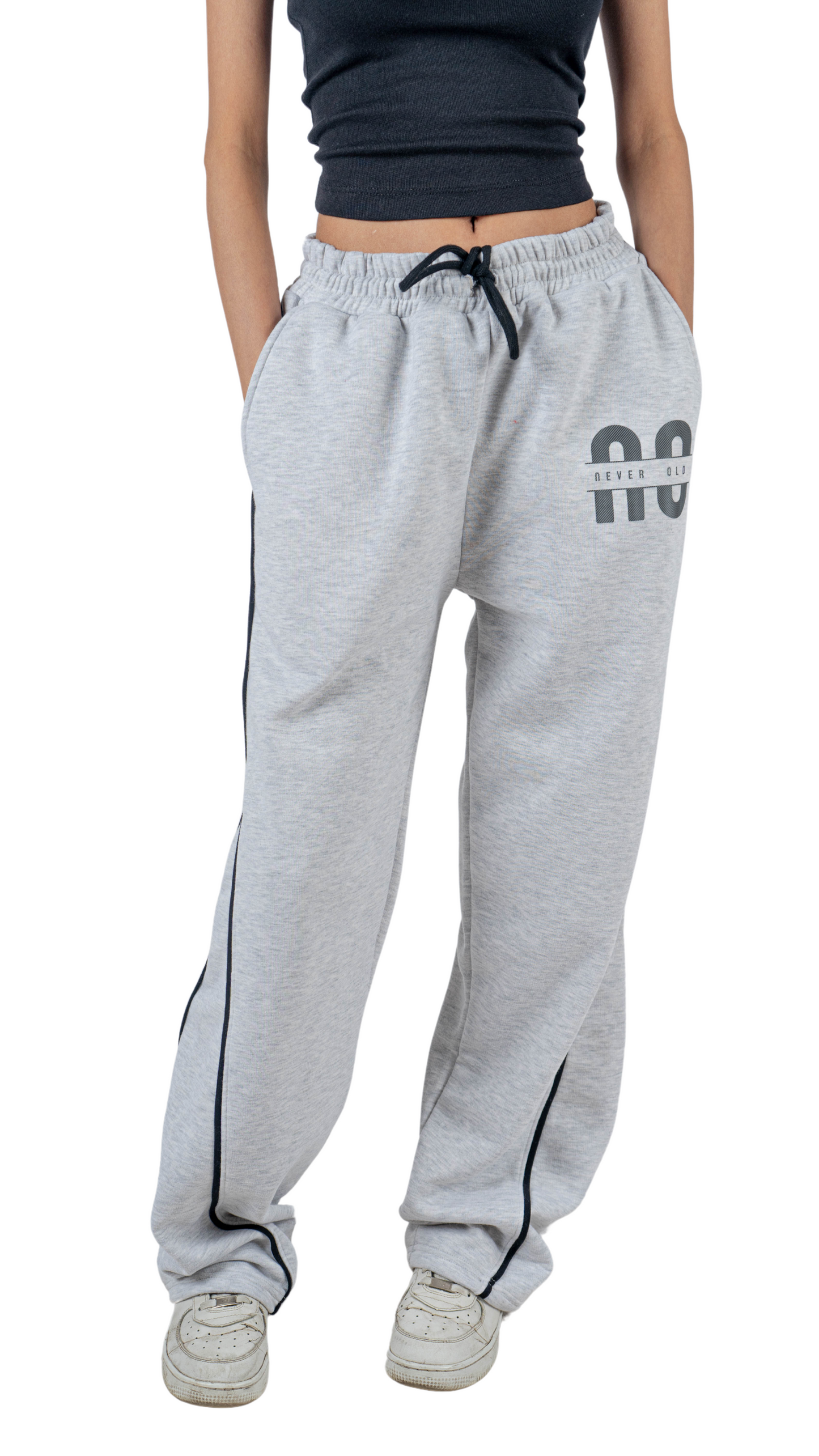 Gray wide leg basic Pants with black line and carbon fiber print