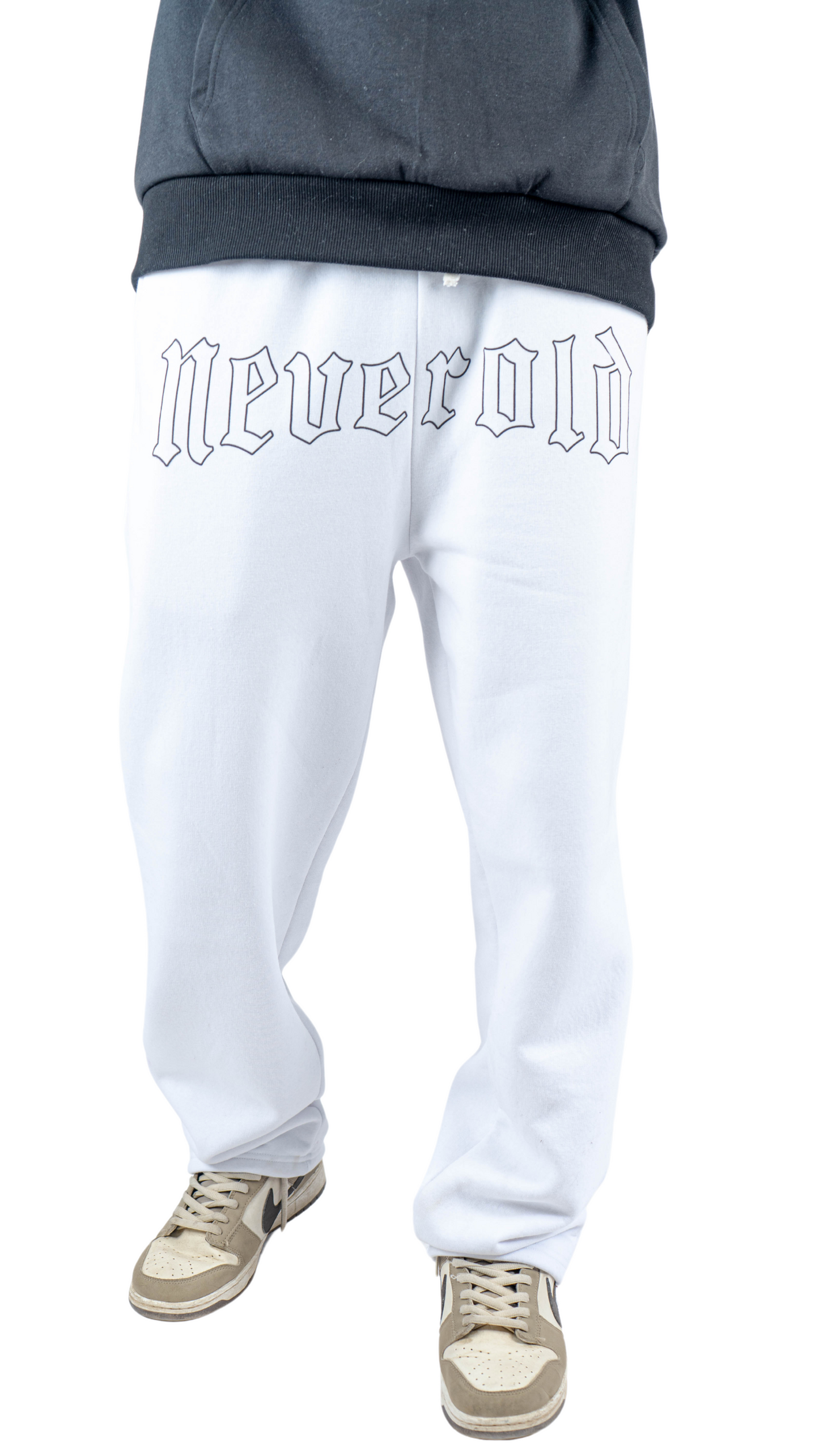 White wide leg basic Pants with Never old print in front