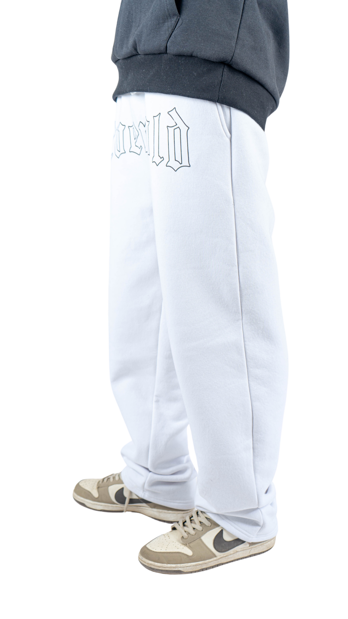 White wide leg basic Pants with Never old print in front