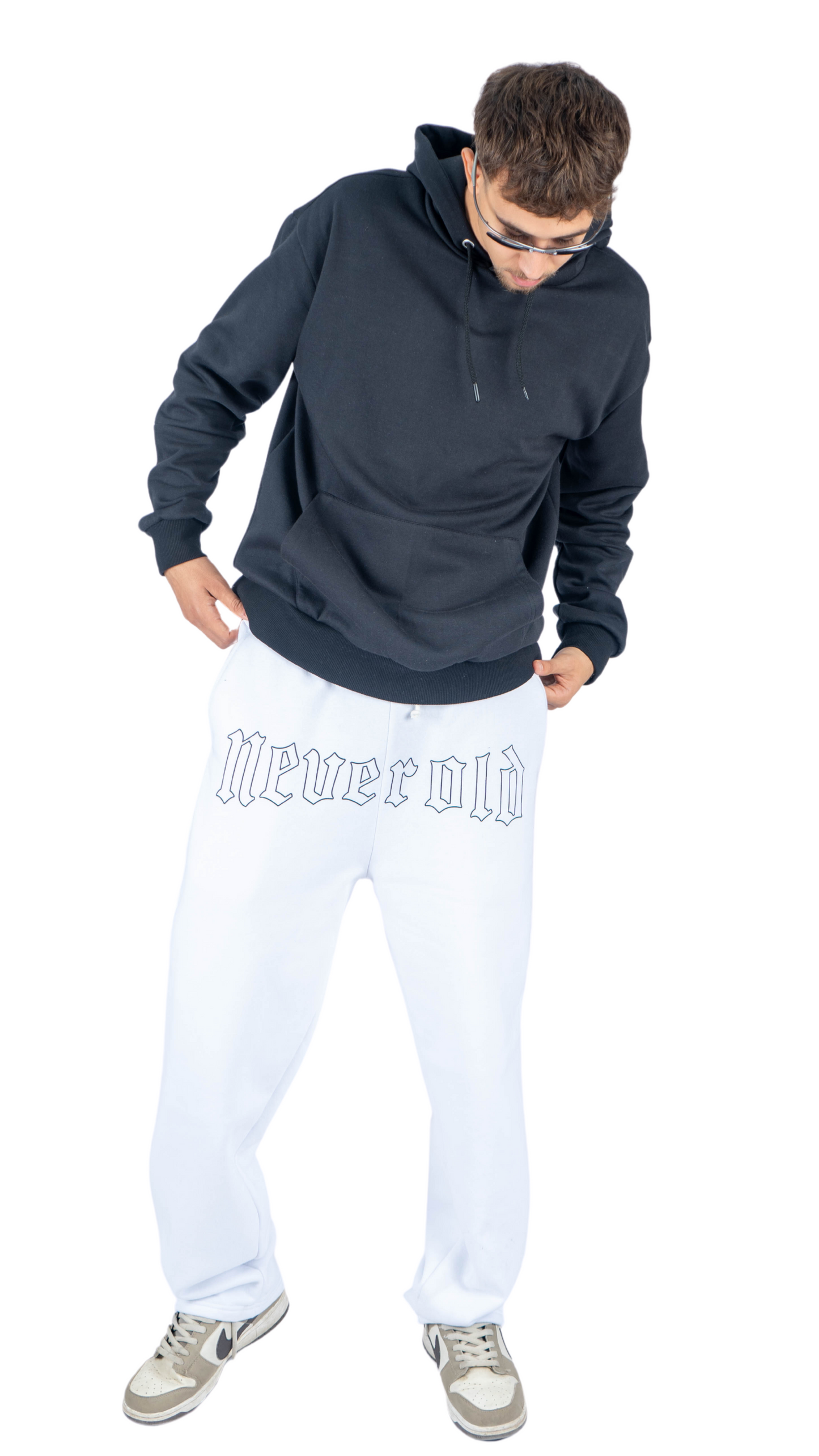 White wide leg basic Pants with Never old print in front