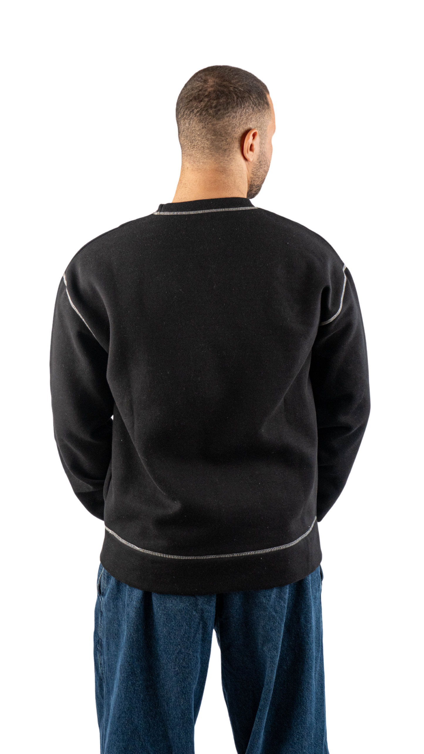 Black in white sweatshirt