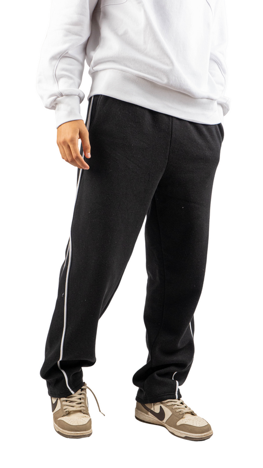 Black wide leg basic Pants with black line and carbon fiber print