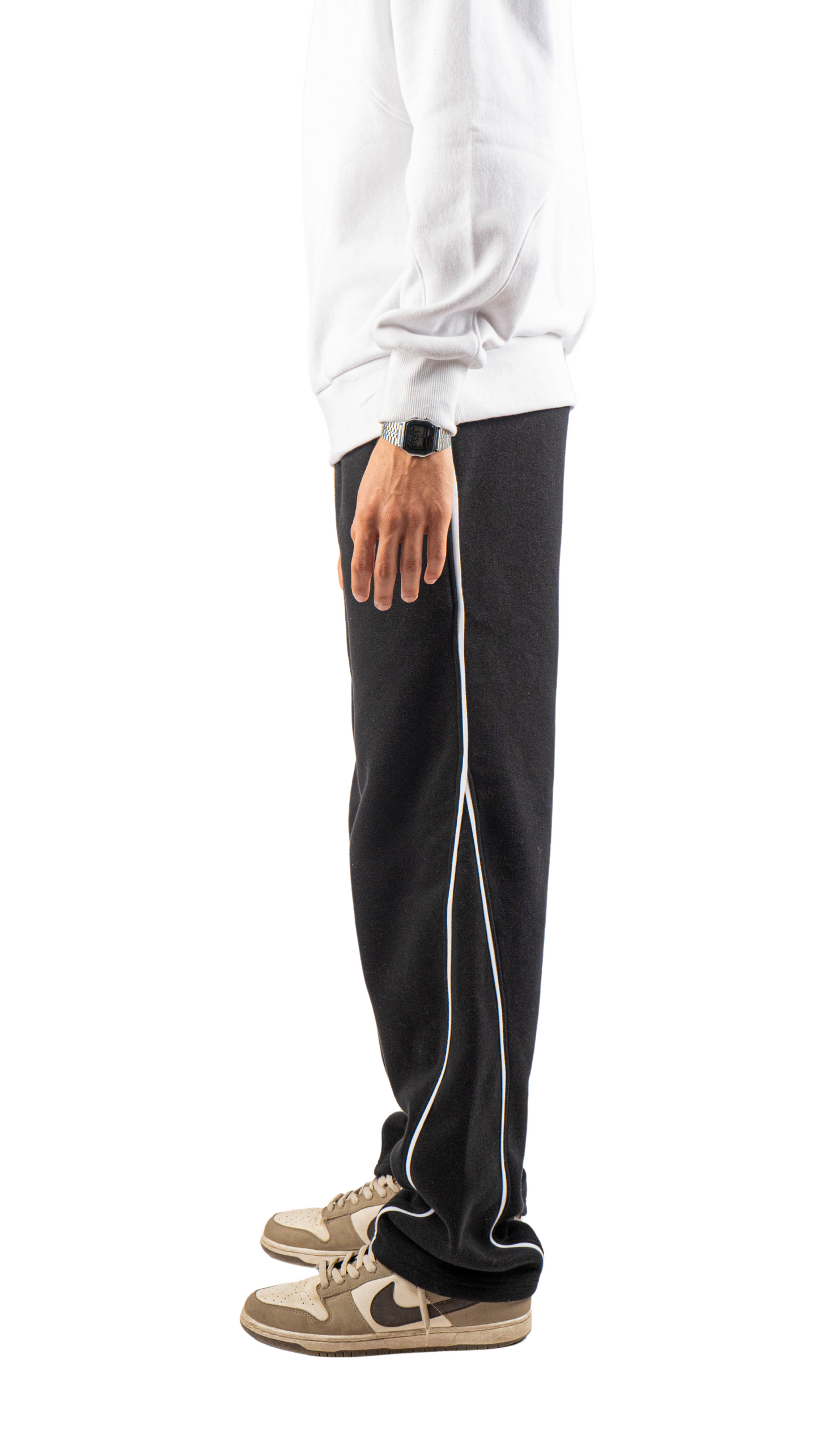 Black wide leg basic Pants with black line and carbon fiber print