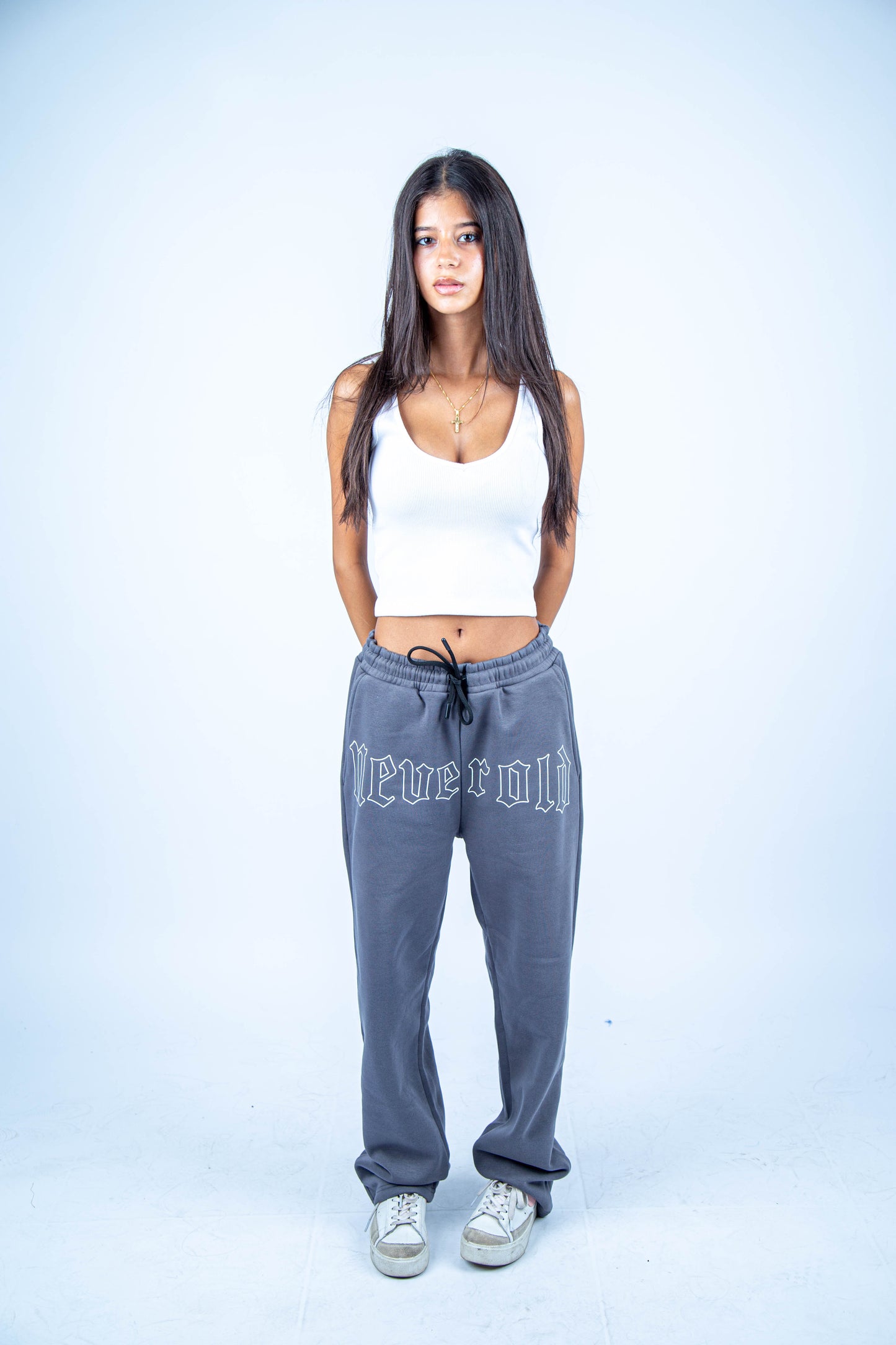 Gray wide leg basic Pants with Never old print in front