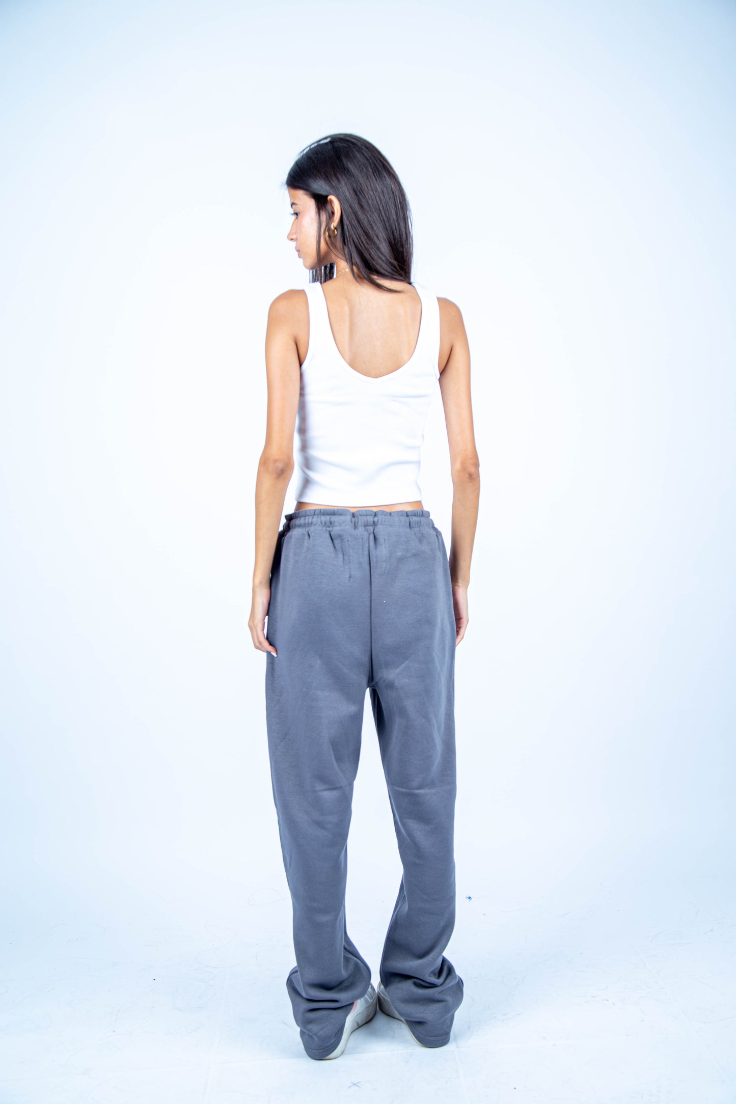 Gray wide leg basic Pants with Never old print in front