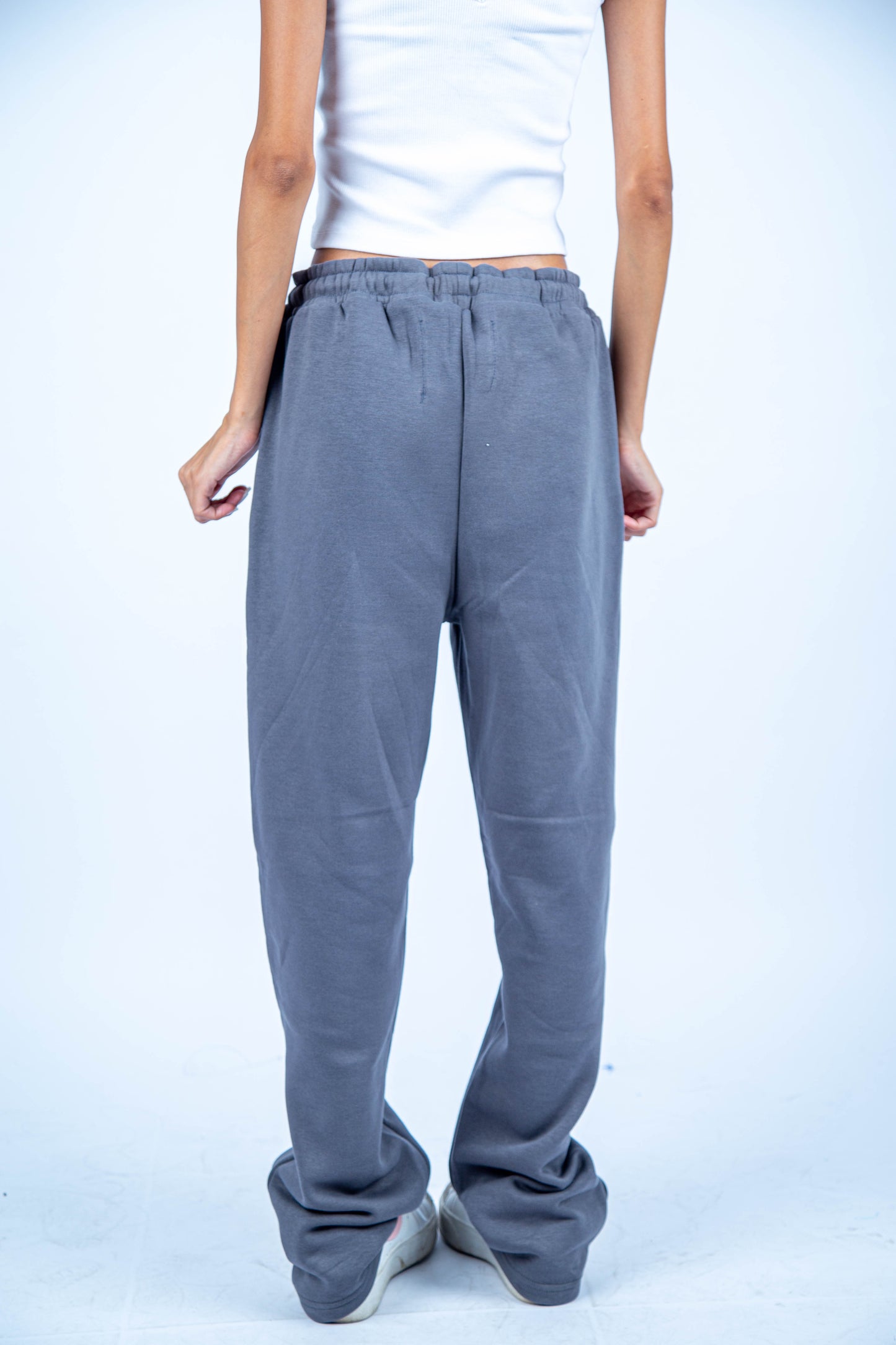Gray wide leg basic Pants with Never old print in front