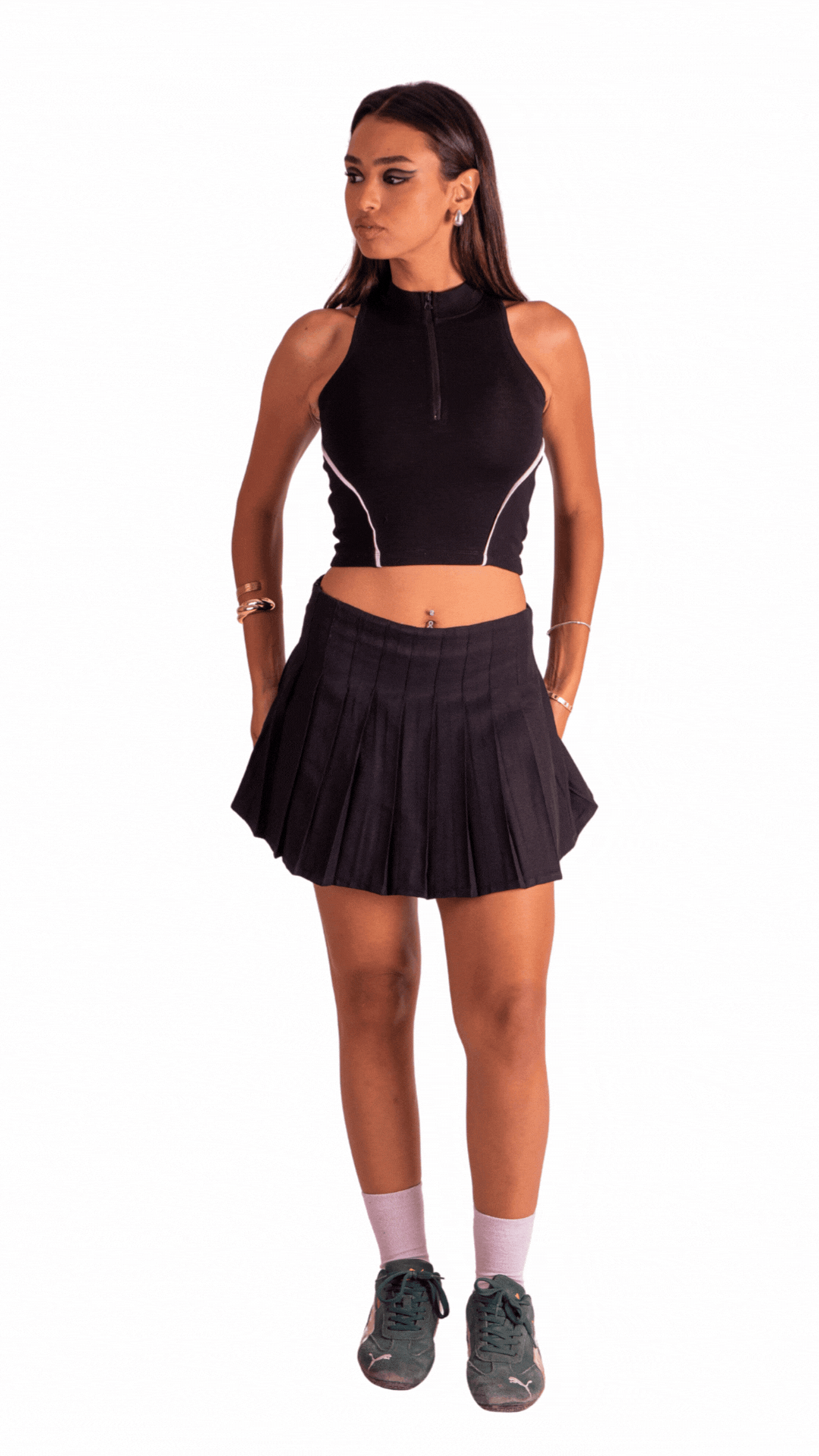 High Waisted Pleated Zip Tennis Style Skater Mini Skirt - BLACK