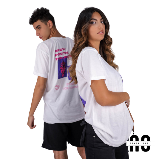 GROW POSITIVE THOUGHTS Unisex Round Neck Printed T-shirt - White