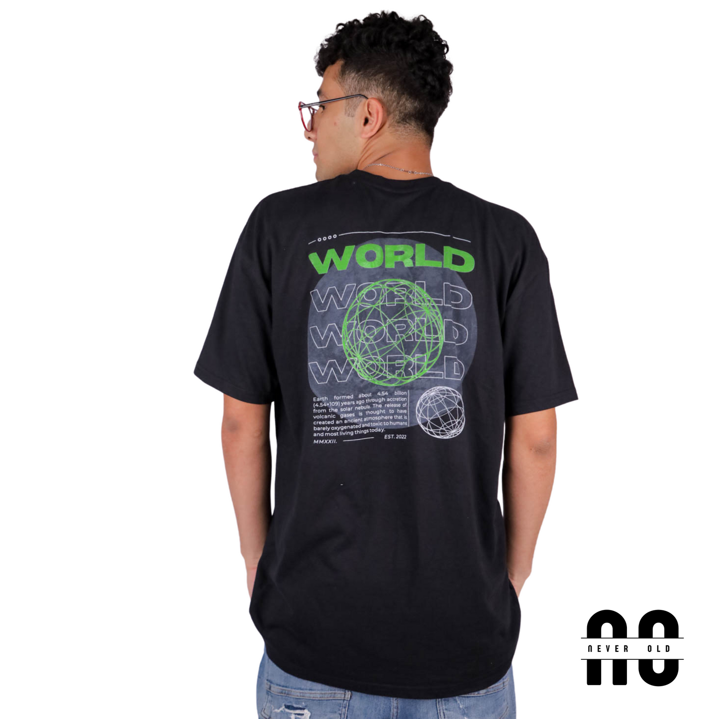 World Printed Round Nick T-shirt - Black