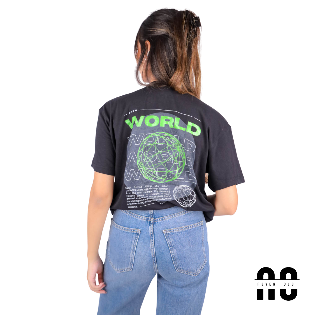 World Printed Round Nick T-shirt - Black